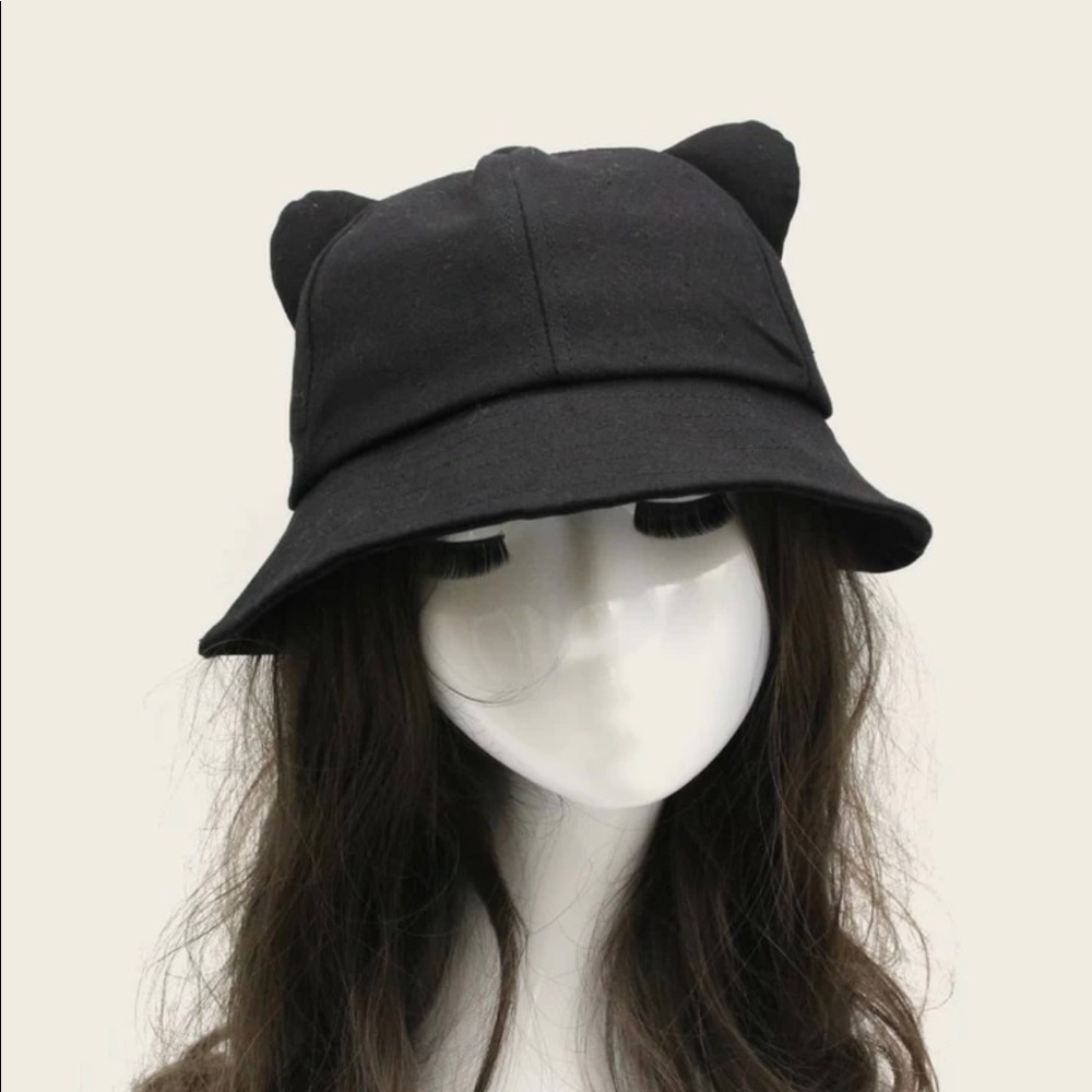 Solid Black Cat Ear Decor Bucket Hat